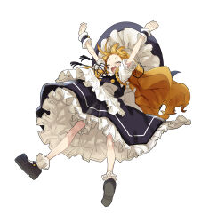 Rule 34 | 1girl, absurdres, apron, arms up, black footwear, black hat, black skirt, black vest, blonde hair, bloomers, blush, closed eyes, frilled apron, frills, full body, hat, highres, kirisame marisa, long hair, open mouth, shoes, simple background, skirt, smile, socks, solo, touhou, underwear, usayoshi (touhopu2), vest, waist apron, white apron, white background, white socks, witch hat, wrist cuffs