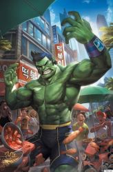 Rule 34 | abs, avengers: age of ultron, avengers (series), blue hair, bowl, chopsticks, clenched teeth, colored skin, fish, food, green skin, hulk, korean text, marvel, marvel cinematic universe, multiple boys, multiple girls, muscular, official art, parody, shorts, teeth, topless male, tteokbokki, watermark, woo chul lee, wristband