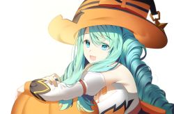 Rule 34 | 1girl, absurdres, black survival, blue eyes, blue hair, breasts, cleavage, emma hardy, hat, hi i dubu, highres, large breasts, long hair, looking at viewer, official alternate costume, open mouth, pumpkin, simple background, very long hair, white background, witch hat