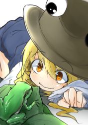 Rule 34 | 1girl, all fours, blonde hair, flanvia, frog, hat, highres, long sleeves, moriya suwako, shirt, skirt, smile, solo, touhou, vest, wavy mouth, wide sleeves, yellow eyes