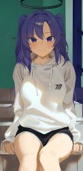 Rule 34 | 1girl, absurdres, alternate costume, black shorts, blue archive, blush, closed mouth, feet out of frame, hair between eyes, halo, highres, hood, hood down, hoodie, long hair, long sleeves, looking at viewer, mechanical halo, mm (mhm2592), purple eyes, purple hair, shorts, sitting, smile, solo, twintails, two side up, white hoodie, yuuka (blue archive)