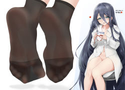 Rule 34 | 1girl, absurdres, aris (blue archive), black hair, blouse, blue archive, blue eyes, blush, collared shirt, cup, dress shirt, feet, foot focus, hair between eyes, highres, long hair, long hair between eyes, looking at viewer, mug, nokchamint, open mouth, see-through, see-through legwear, shirt, simple background, sitting, socks, soles, stool, thighs, toes, translated, unbuttoned, unbuttoned shirt, very long hair, white background, white shirt