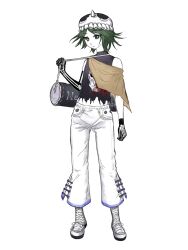 Rule 34 | adapted costume, androgynous, black bag, black shirt, blood, blood on clothes, boots, closed mouth, colored skin, full body, green eyes, green hair, highres, kitsugai sese, len&#039;en, other focus, pants, shiluodejiyi237, shirt, short hair, simple background, skeletal arm, skeletal hand, skull on head, skull print, sleeveless, sleeveless shirt, torn clothes, torn shirt, white background, white footwear, white pants, white skin