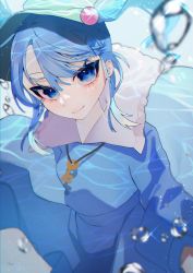 Rule 34 | 1girl, absurdres, arms up, blue dress, blue eyes, blue hair, blue theme, breasts, closed mouth, collared dress, commentary request, dress, green hat, hair between eyes, hair bobbles, hair ornament, hands up, hat, highres, jewelry, kappa mame, kawashiro nitori, key, key necklace, long sleeves, looking at viewer, medium breasts, necklace, puffy long sleeves, puffy sleeves, short hair, short twintails, smile, solo, touhou, twintails, underwater, water