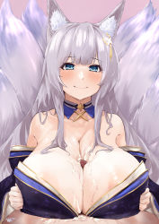 Rule 34 | 1boy, 1girl, animal ear fluff, animal ears, areola slip, azur lane, bare shoulders, blue eyes, blunt bangs, blush, breasts, breasts squeezed together, censored, collarbone, cum, cum on body, cum on breasts, cum on upper body, detached collar, detached sleeves, fox ears, fox girl, fox tail, hair between eyes, hair ornament, hetero, highres, huge breasts, japanese clothes, kimono, kitsune, long hair, looking at viewer, mosaic censoring, motion lines, multiple tails, off shoulder, oza osuwari, paizuri, paizuri under clothes, pov, shinano (azur lane), shiny skin, silver hair, smile, solo focus, tail, trembling