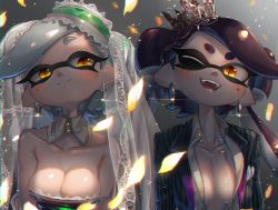Rule 34 | + +, 2girls, ;d, bad id, bad pixiv id, bare shoulders, black hair, black jacket, breasts, bridal veil, buttons, callie (splatoon), chromatic aberration, cleavage, closed mouth, collarbone, collared shirt, commentary, cousins, crown, detached collar, dress, dress shirt, earrings, falling petals, fangs, food, food on head, glint, glowing, glowing petals, gradient background, grey background, grey hair, highres, hoop earrings, incest, inkling, jacket, jewelry, kashu (hizake), lace, long hair, looking at viewer, marie (splatoon), mask, medium breasts, mini crown, mole, mole under eye, monster girl, multiple girls, nintendo, object on head, one eye closed, open clothes, open jacket, open mouth, open shirt, petals, pointy ears, shade, shiny skin, shirt, short eyebrows, short hair, smile, splatoon (series), strapless, strapless dress, striped clothes, striped jacket, tentacle hair, upper body, veil, white shirt, wife and wife, yellow eyes, yuri
