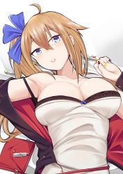 Rule 34 | 1girl, absurdres, ahoge, black jacket, blue bow, blue eyes, bow, breasts, brown hair, camisole, cleavage, collarbone, fal (girls&#039; frontline), girls&#039; frontline, hair bow, highres, jacket, kuzumotsu, large breasts, lipstick, long hair, looking at viewer, lying, makeup, multicolored nails, nail polish, on back, open clothes, open jacket, side ponytail, solo, upper body, white camisole