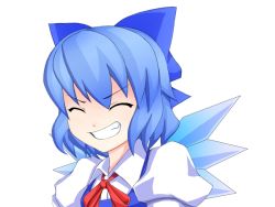 Rule 34 | 1girl, bad id, bad pixiv id, cirno, embodiment of scarlet devil, female focus, ribbon, shishigami (sunagimo), simple background, smile, solo, touhou, upper body, white background, wings