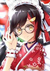 Rule 34 | 1girl, absurdres, adjusting eyewear, animal ear fluff, animal ears, black choker, black hair, borumete, choker, closed mouth, commentary request, floral print, glasses, hair ornament, hairclip, hand up, highres, hololive, japanese clothes, kimono, long hair, looking at viewer, maid headdress, multicolored hair, official alternate costume, ookami mio, ookami mio (new year), outdoors, red hair, red kimono, round eyewear, smile, solo, streaked hair, torii, upper body, virtual youtuber, wolf ears, wolf girl, wrist cuffs, yellow eyes