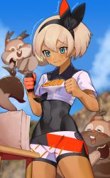 Rule 34 | 1girl, anger vein, bag, bea (pokemon), black bodysuit, black hairband, blonde hair, blue eyes, blurry, blurry background, blush, bodysuit, bodysuit under clothes, bow hairband, clenched hands, closed mouth, cloud, collared shirt, commentary request, creatures (company), dark-skinned female, dark skin, day, evolutionary line, eyelashes, game freak, gen 8 pokemon, gloves, greedent, gym leader, hair between eyes, hairband, hands up, highres, katwo, looking down, nintendo, outdoors, paper bag, pokemon, pokemon (creature), pokemon swsh, print shirt, print shorts, shirt, short hair, short sleeves, shorts, single glove, skwovet, sky, sweat, tied shirt, trembling, v-shaped eyebrows