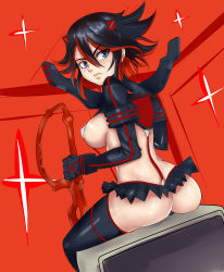 Rule 34 | 10s, 1girl, absurdres, angel pena (angelox), ass, black hair, blue eyes, blush, boots, breasts, from behind, highres, kill la kill, large breasts, lips, matoi ryuuko, microskirt, multicolored hair, planted, red hair, revealing clothes, scissor blade (kill la kill), senketsu, short hair, sideboob, sitting, skirt, solo, suspenders, thigh boots, thighhighs, thong, two-tone hair, weapon