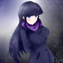 Rule 34 | 1girl, aquaplus, arms behind back, azima, black coat, black hair, blue eyes, blush, breasts, buttons, closed mouth, coat, from side, gradient eyes, gradient hair, hime cut, large breasts, lips, long hair, long sleeves, looking at viewer, multicolored eyes, multicolored hair, pocket, purple scarf, raised eyebrows, scarf, sidelocks, signature, smile, snow, snowing, solo, taut clothes, touma kazusa, upper body, very long hair, white album, white album (series), white album 2, winter, winter clothes, winter coat