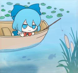 Rule 34 | 1girl, blue bow, blue eyes, blue hair, bow, bowtie, cirno, closed mouth, fish, fishing, fishing rod, fumo (doll), hair bow, lily pad, looking at viewer, outdoors, red bow, red bowtie, reeds, rei (tonbo0430), short hair, smile, solo, touhou, water, watercraft