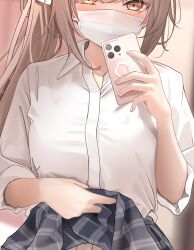 Rule 34 | 1girl, absurdres, blurry, blurry background, blush, breasts, brown eyes, brown hair, cellphone, clothes lift, collared shirt, commentary request, depth of field, dress shirt, grey skirt, highres, holding, holding phone, long hair, long sleeves, looking at viewer, mask, monaka curl, mouth mask, original, out-of-frame censoring, phone, plaid, plaid skirt, shirt, side ponytail, sidelocks, skirt, skirt lift, small breasts, solo, surgical mask, very long hair, white shirt