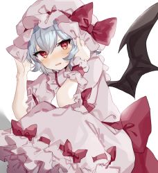 Rule 34 | 1girl, bat wings, blue hair, blush, bow, charisma guard, commentary, cowering, dress, frilled shirt collar, frilled sleeves, frills, hands on headwear, hands up, hat, hat ribbon, highres, looking at viewer, mob cap, open mouth, pink dress, puffy short sleeves, puffy sleeves, red bow, red eyes, red ribbon, remilia scarlet, ribbon, ribbon trim, short hair, short sleeves, solo, sorani (kaeru0768), touhou, white background, wings, wrist cuffs