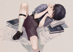 Rule 34 | 1boy, bare arms, belt, belt buckle, black footwear, black hair, book, buckle, child, closed mouth, commentary request, dress shirt, hair between eyes, hands on own face, happy, looking at viewer, lying, male focus, on side, original, paper, purple eyes, shirt, shirt tucked in, shoes, short hair, shorts, simple background, socks, solo, white socks, xiaojiaju