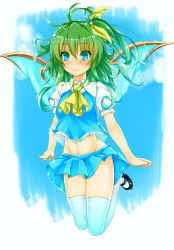 Rule 34 | 1girl, adapted costume, ascot, bad id, bad pixiv id, blue eyes, blue sky, breasts, cloud, daiyousei, fairy, fairy wings, green hair, hair ribbon, highres, jumping, kitou kaitai, midriff, navel, puffy short sleeves, puffy sleeves, ribbon, shirt, short sleeves, side ponytail, skirt, skirt set, sky, smile, solo, sparkle, thighhighs, thighs, touhou, vest, white thighhighs, wings, zettai ryouiki