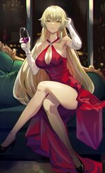Rule 34 | 1girl, absurdres, alcohol, blonde hair, breasts, cleavage, commission, commissioner upload, cup, dress, drinking glass, elbow gloves, fire emblem, fire emblem: the binding blade, gloves, high heels, highres, holding, holding cup, igrene (fire emblem), large breasts, long hair, looking at viewer, mole, mole under eye, niac, nintendo, non-web source, red dress, smile, solo, thighs, white gloves, wine, wine glass, yellow eyes