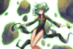 Rule 34 | 1girl, 2019, absurdres, artist name, black dress, breasts, chenjiyan y, closed mouth, clothes between thighs, dated, dress, floating hair, green eyes, green hair, head tilt, highres, long hair, long sleeves, one-punch man, outstretched arms, side slit, small breasts, solo, tatsumaki