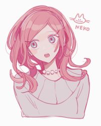 Rule 34 | 1girl, blush stickers, cropped torso, grey eyes, hair ornament, hairclip, headphones, highres, jewelry, long hair, looking to the side, maco22, necklace, open mouth, original, pearl necklace, pink hair, solo, sweater