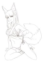 Rule 34 | 1girl, 3four, animal ears, bare shoulders, bikini, blunt bangs, breasts, commission, copyright request, greyscale, large breasts, legband, long hair, looking at viewer, monochrome, navel, ponytail, simple background, sitting, smile, solo, swimsuit, tail, thigh strap, white background, yokozuwari