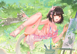 Rule 34 | 1girl, :o, animal, armpits, ass, atdan, bare legs, bare shoulders, bird, black hair, breasts, butterfly hair ornament, canvas (object), cat, choker, convenient censoring, dress, feet, goose, hair ornament, high heels, highres, leg up, lily (atdan), looking at viewer, medium breasts, nature, open mouth, original, plant, red eyes, revealing clothes, short dress, short hair, sideboob, sideless outfit, solo, strapless, strapless dress, thighs, white dress