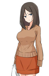 Rule 34 | 1girl, bag, black hair, blue eyes, brown skirt, brown sweater, casual, closed mouth, commentary, cowboy shot, girls und panzer, grocery bag, highres, holding, holding bag, light frown, long hair, looking at viewer, miniskirt, nasunael, nonna (girls und panzer), plastic bag, shopping bag, simple background, skirt, sleeves past fingers, sleeves past wrists, solo, standing, sweater, swept bangs, white background