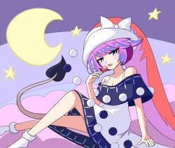 Rule 34 | 1girl, black capelet, blue eyes, candy, capelet, closed mouth, crescent moon, doremy sweet, dress, food, full body, fur trim, hat, heart, heart-shaped pupils, highres, holding, holding candy, holding food, holding lollipop, lollipop, looking at viewer, moon, nightcap, pom pom (clothes), purple hair, red hat, short hair, sitting, socks, solo, star (symbol), symbol-shaped pupils, tongue, tongue out, touhou, white dress, white socks, zenji029