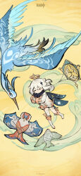 Rule 34 | &gt; &lt;, 1girl, absurdres, bird, boots, cloud retainer (genshin impact), commentary request, crane (animal), genshin impact, highres, official alternate costume, official art, paimon (genshin impact), short hair, white footwear, white hair, white romper, xianyun (genshin impact)