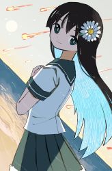 Rule 34 | 1girl, absurdres, beach, black hair, blue hair, closed mouth, commentary request, cowboy shot, day, dutch angle, floating hair, flower, flower request, from behind, from side, green eyes, green sailor collar, green skirt, hair flower, hair ornament, hands on own chest, head tilt, highres, horizon, long hair, looking at viewer, looking back, meteor, meteor shower, multicolored hair, neruzou, ocean, original, outdoors, pleated skirt, sailor collar, school uniform, serafuku, shaft look, shirt, short sleeves, skirt, sky, smile, solo, straight hair, sun, two-tone hair, very long hair, water, white flower, white shirt