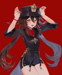 Rule 34 | 1girl, :d, arms up, black headwear, black nails, black shorts, cowboy shot, fang, flower, genshin impact, half-closed eyes, highres, hu tao (genshin impact), jewelry, lilithmy, nail polish, open mouth, red background, red flower, ring, short shorts, shorts, simple background, smile, solo, symbol-shaped pupils, tailcoat, twintails