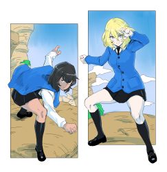 Rule 34 | 2girls, absurdres, andou (girls und panzer), bc freedom school uniform, black footwear, black hair, black neckwear, black skirt, black socks, black vest, blonde hair, blue eyes, blue sky, blue sweater, brown eyes, cardigan, clenched hand, cliff, closed mouth, cloud, cloudy sky, dark-skinned female, dark skin, day, dragonball z, dress shirt, fighting stance, frown, girls und panzer, highres, kneehighs, kuppipi ramutarou, loafers, long sleeves, looking at viewer, medium hair, messy hair, miniskirt, multiple girls, necktie, oshida (girls und panzer), outdoors, outside border, pleated skirt, school uniform, shirt, shoes, skirt, sky, smile, socks, standing, sweatdrop, sweater, sweater around neck, vest, white shirt, wing collar