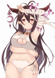 Rule 34 | 10s, 1girl, alternate costume, antenna hair, arm up, bandages, bandaged arm, bandages, bell, neck bell, black hair, blush, breast hold, breasts, cat cutout, cat ear panties, cat lingerie, choker, cleavage, cleavage cutout, closed mouth, clothing cutout, cowboy shot, crescent, danua, draph, frills, gluteal fold, granblue fantasy, hair between eyes, horn ornament, horns, jewelry, jingle bell, large breasts, long hair, looking at viewer, meme attire, nagitoki, navel, panties, pointy ears, red eyes, side-tie panties, simple background, solo, stomach, thigh gap, underwear, underwear only, white background, white panties