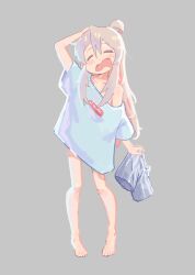 Rule 34 | 1girl, ahoge, arm up, bare arms, barefoot, blue shirt, bottomless, boxers, closed eyes, colored inner hair, commentary, drooling, full body, grey background, grey hair, gustavo schuler, hair between eyes, hand on own head, highres, long hair, male underwear, unworn male underwear, mouth drool, multicolored hair, off shoulder, onii-chan wa oshimai!, open mouth, oversized clothes, oversized shirt, oyama mahiro, pink hair, shirt, short sleeves, simple background, single bare shoulder, solo, standing, two-tone hair, underwear, wavy mouth