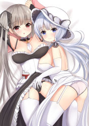 Rule 34 | 2girls, armpits, arms up, ass, asymmetrical docking, azur lane, black dress, black panties, blue eyes, breast press, breasts, cameltoe, cleavage, clothes lift, dress, dress lift, elbow gloves, formidable (azur lane), garter belt, garter straps, gloves, gluteal fold, grey hair, hat, highres, illustrious (azur lane), incest, large breasts, lifting another&#039;s clothes, long hair, looking at viewer, low twintails, lying, multiple girls, nc731, on back, on side, open mouth, panties, red eyes, ribbon, siblings, sideboob, sisters, smile, thighhighs, thighs, twintails, underwear, white dress, white gloves, white headwear, white legwear, yuri