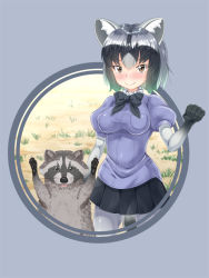 Rule 34 | &gt;:), 10s, 1girl, animal, animal ears, black bow, black eyes, black hair, black skirt, blush, bow, breasts, brown eyes, clenched hand, closed mouth, common raccoon (kemono friends), grass, impossible clothes, impossible shirt, kemono friends, looking at viewer, medium breasts, multicolored hair, open mouth, outstretched arms, pantyhose, pleated skirt, puffy short sleeves, puffy sleeves, purple background, purple shirt, raccoon, raccoon ears, raccoon tail, shirt, short sleeves, silver hair, skirt, smile, tail, two-tone hair, umitsuki yu, v-shaped eyebrows