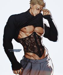 Rule 34 | 1boy, bara, bare pectorals, black corset, black sweater, blonde hair, brown pants, clothes lift, corset, highres, jujutsu kaisen, large pectorals, looking at viewer, male focus, muscular, muscular male, nanami kento, nipples, pants, pectorals, short hair, simple background, solo, sweater, sweater lift, twitter username, umikochannart, white background