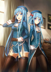 Rule 34 | 2girls, :/, :d, aoki hagane no arpeggio, atago (aoki hagane no arpeggio), atago (kancolle), atago (kancolle) (cosplay), beret, black gloves, black legwear, blue eyes, blue hair, blush, bow, breasts, brown gloves, cosplay, curtains, flat chest, frills, garter straps, glasses, gloves, hair between eyes, hair bow, hat, highres, indoors, kantai collection, long hair, long sleeves, luzi, medium breasts, model ship, mole, mole under mouth, multiple girls, name connection, neckerchief, open mouth, pantyhose, picture frame, purple eyes, rimless eyewear, shirt, sidelocks, skirt, smile, standing, takao (aoki hagane no arpeggio), takao (kancolle) (cosplay), takao (kancolle), thighband pantyhose, thighhighs, very long hair, window, wrist cuffs