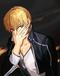 1boy black_jacket blonde_hair covering_face fate/stay_night fate_(series) gilgamesh_(fate) gilgamesh_(immoral_biker_jacket)_(fate) hand_on_own_face highres jacket k7_(kk7_000) male_focus official_alternate_costume red_eyes shirt solo upper_body white_shirt