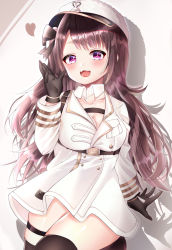 Rule 34 | 1girl, :3, :d, azur lane, black gloves, black ribbon, black thighhighs, blush, breast pocket, breasts, brown hair, buttons, cleavage, coat, coat dress, collarbone, commentary request, cowboy shot, detached collar, drop shadow, fang, gloves, hair ribbon, hand up, hat, heart, heart-shaped pupils, highres, kiyose sou, large breasts, long hair, long sleeves, looking at viewer, one side up, open mouth, pamiat merkuria (azur lane), pocket, purple eyes, ribbon, sidelocks, simple background, skin fang, skindentation, smile, solo, standing, standing on one leg, symbol-shaped pupils, thigh strap, thighhighs, tongue, underbust, white background, white coat, white hat, zettai ryouiki