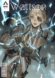Rule 34 | 1girl, apex legends, barcode, belt, black belt, black gloves, black headwear, blonde hair, blue jacket, brown pants, character name, chikitamako, comic cover, cover, deep current wattson, electricity, eyepatch, fake cover, gloves, highres, jacket, looking to the side, official alternate costume, one eye covered, pants, parted lips, smile, solo, wattson (apex legends)