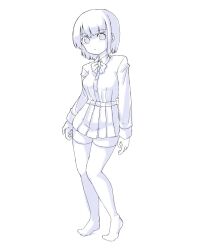 Rule 34 | 1girl, barefoot, bow, bowtie, full body, greyscale, highres, looking at viewer, miniskirt, monochrome, original, pleated skirt, shirt, short hair, simple background, skirt, solo, standing, thighhighs, yusius