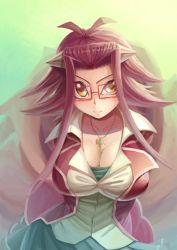 Rule 34 | 1girl, arms behind back, blazer, blush, breasts, cleavage, duel academy uniform (yu-gi-oh! 5d&#039;s), flower, glasses, hair ornament, hokuto (hokuto pk), izayoi aki, jacket, jewelry, large breasts, necklace, open clothes, open shirt, pendant, red-framed eyewear, red flower, red hair, red rose, rose, school uniform, shirt, short hair, skirt, smile, solo, spiked hair, taut clothes, taut shirt, yellow eyes, yu-gi-oh!, yu-gi-oh! 5d&#039;s