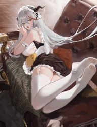 Rule 34 | 1girl, absurdres, aegir (azur lane), aegir (iron blood&#039;s dragon maid) (azur lane), arm garter, azur lane, bare shoulders, breasts, couch, demon horns, dress, feet, feet up, frilled dress, frilled hairband, frills, from behind, full body, grey hair, hair between eyes, hairband, highres, horns, large breasts, long hair, lying, manjuu (azur lane), multicolored hair, nineye, no shoes, on couch, on stomach, open mouth, red hair, solo, streaked hair, thighhighs, underboob, very long hair, white thighhighs, yellow eyes