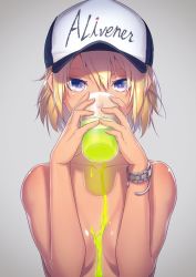 Rule 34 | 1girl, baseball cap, blonde hair, bracelet, breasts, convenient censoring, cup, dark-skinned female, dark skin, drinking, drinking glass, food on body, gradient background, hair between eyes, hat, jewelry, looking at viewer, nilitsu, nude, parted lips, purple eyes, short hair, simple background, small breasts, solo, upper body, watch, wristwatch