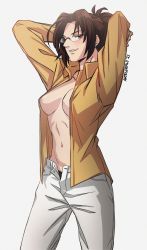 Rule 34 | 1girl, arms up, artesdealy, breasts, female focus, glasses, grin, hange zoe, highres, looking at viewer, nipples, open clothes, open shirt, ponytail, shingeki no kyojin, simple background, smile, solo, standing, white background