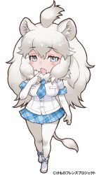 Rule 34 | 1girl, blue eyes, grey hair, highres, kemono friends, long hair, looking at viewer, necktie, official art, open mouth, simple background, solo, tachi-e, white lion (kemono friends), yoshizaki mine
