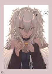 Rule 34 | 1girl, absurdres, ahoge, animal ears, bad id, bad pixiv id, bare shoulders, blush, breasts, cleavage, earrings, fangs, fur-trimmed jacket, fur trim, grey eyes, grey hair, hair between eyes, hands up, highres, hololive, jacket, jewelry, large breasts, lion ears, lion girl, long hair, looking at viewer, nail polish, necklace, open mouth, see-through, see-through cleavage, shirt, shishiro botan, shishiro botan (1st costume), solo, tihoro1609, virtual youtuber
