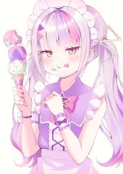 Rule 34 | 1girl, apron, blunt bangs, blush, bow, commentary request, dress, eating, eyelashes, flat chest, food, food in mouth, frilled dress, frilled sleeves, frills, hair ornament, hands up, highres, hololive, ice cream, ice cream cone, licking lips, long hair, looking at viewer, maid headdress, multicolored hair, murasaki shion, murasaki shion (magical girl maid), official alternate costume, orange eyes, pink bow, pink hair, purple hair, shadow, short sleeves, sidelocks, simple background, sktwoooo, solo, streaked hair, tongue, tongue out, twintails, upper body, virtual youtuber, white background