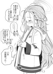 Rule 34 | 1girl, animal ear headphones, animal ears, blue archive, blush, cat ear headphones, commentary request, fake animal ears, greyscale, hair ribbon, halo, headphones, highres, jacket, long hair, maturiuta sorato, midori (blue archive), momoi (blue archive), monochrome, open mouth, pregnant, ribbon, school uniform, short hair, sweat, nervous sweating, translation request, white background, yuzu (blue archive)
